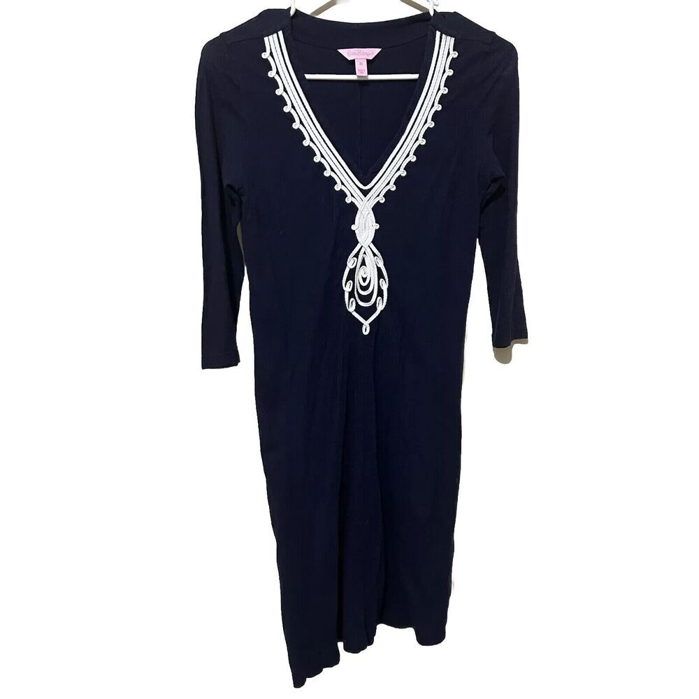 Lilly Pulitzer Womens Tidewater Tunic Dress Size  XS Navy Blue‎ Shift White Trim